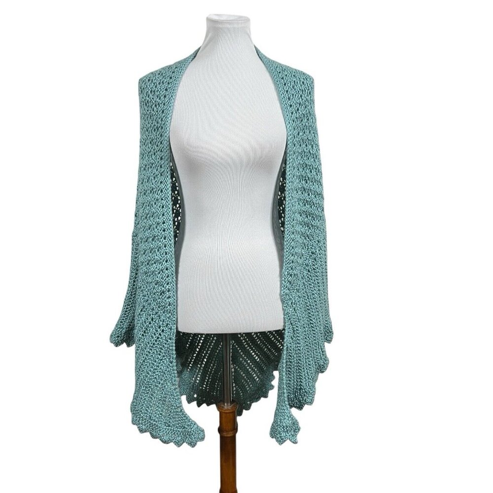 Vintage Crochet Shawl Handmade‎ Knit Blue Wrap Cozy Cottage Core Granny Wedding
